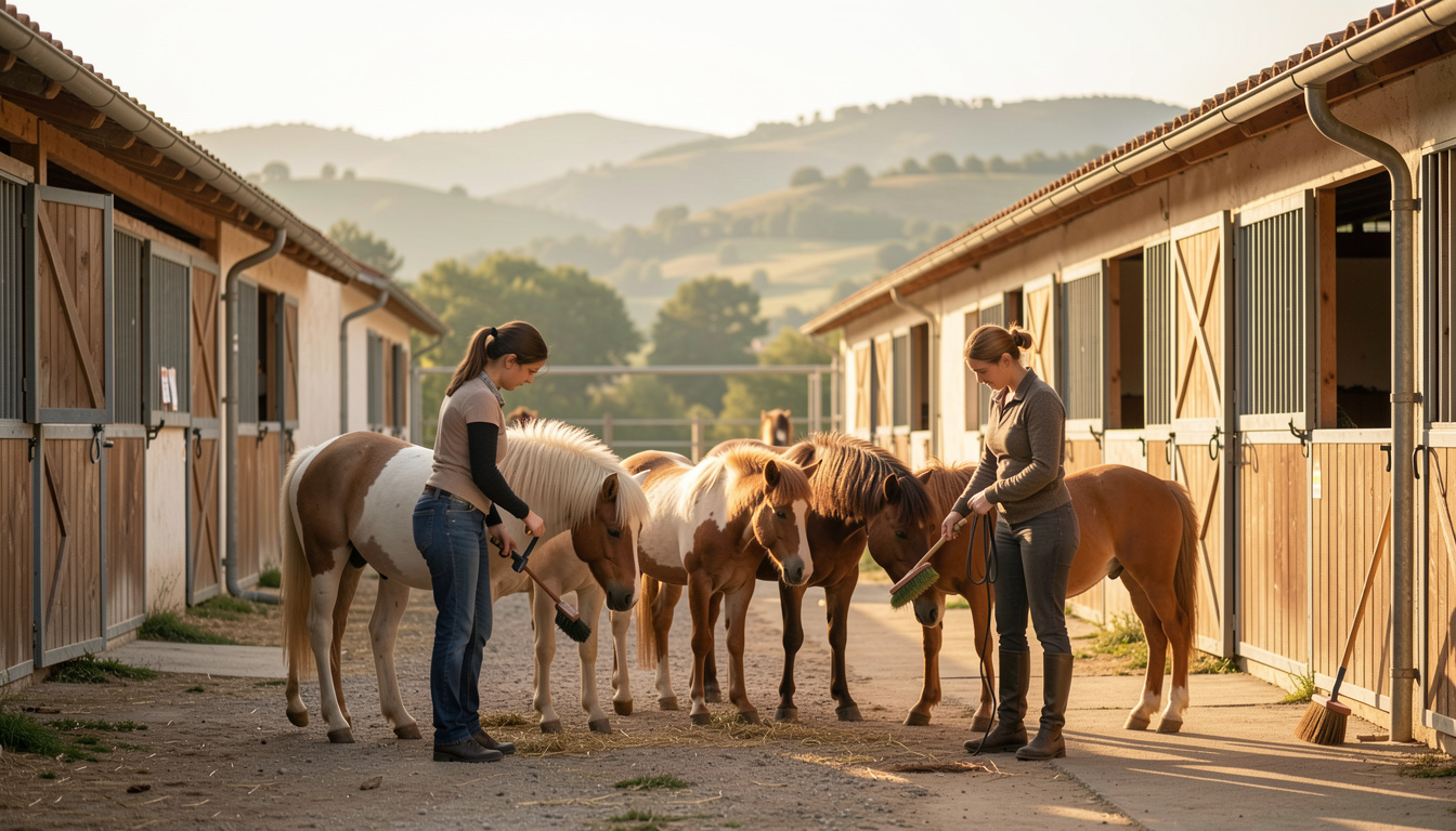 Deux femmes brossant quatre petits poneys devant une rangée de boxes en bois, cour de centre équestre au petit matin, collines cévenoles et lumière dorée en arrière-plan sous un ciel clair.