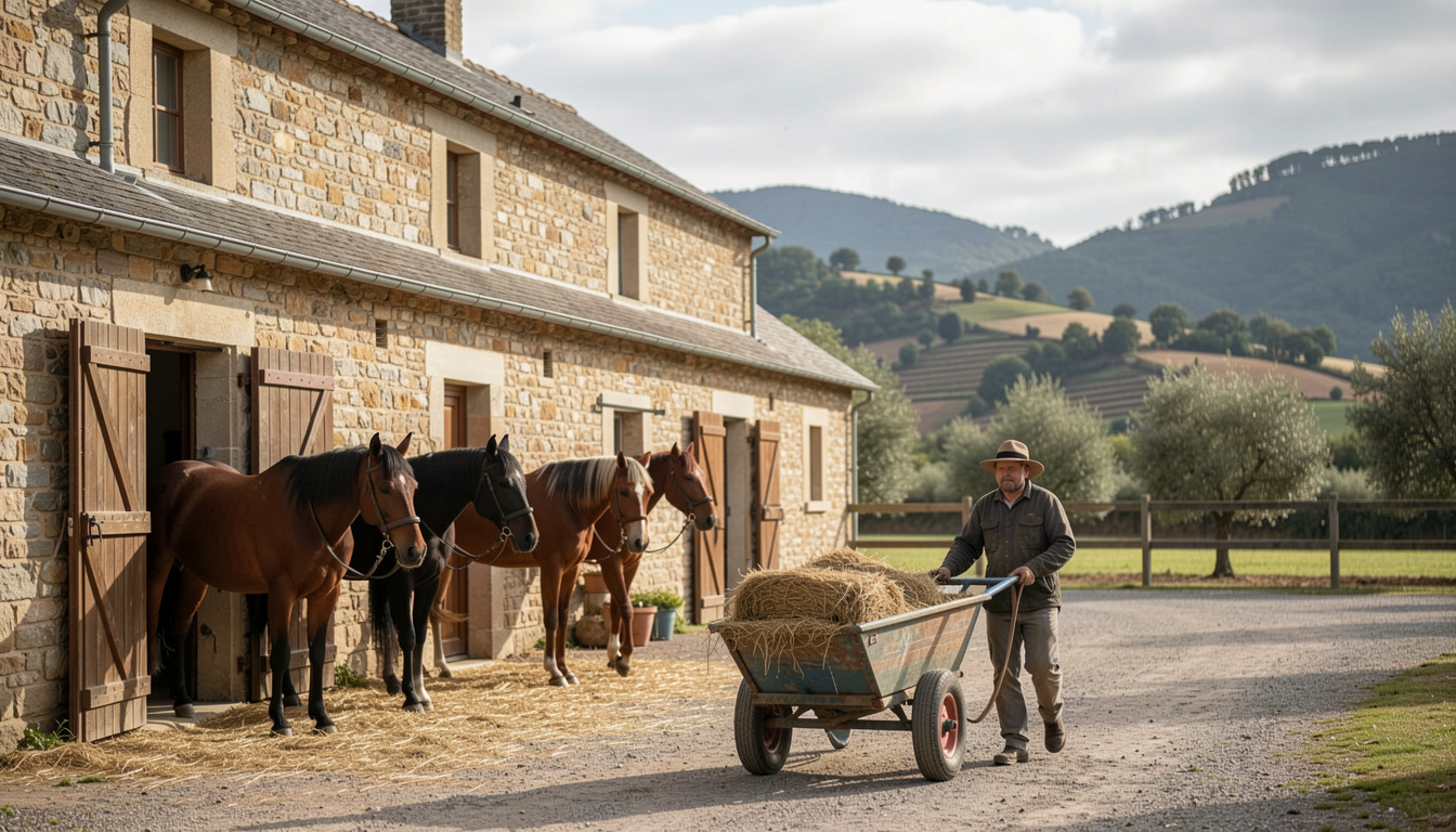 Homme coiffé d'un chapeau poussant une brouette chargée de foin devant une écurie en pierre, quatre chevaux attachés devant les boxes ouverts, collines et champs en arrière-plan sous un ciel couvert.