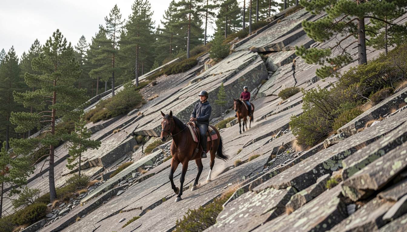 Deux cavaliers descendant en file une dalle de schiste inclinée sous des pins clairsemés, terrain pentu et pierreux, chevaux menés au pas lent, lumière filtrée par les branches au-dessus des dalles.