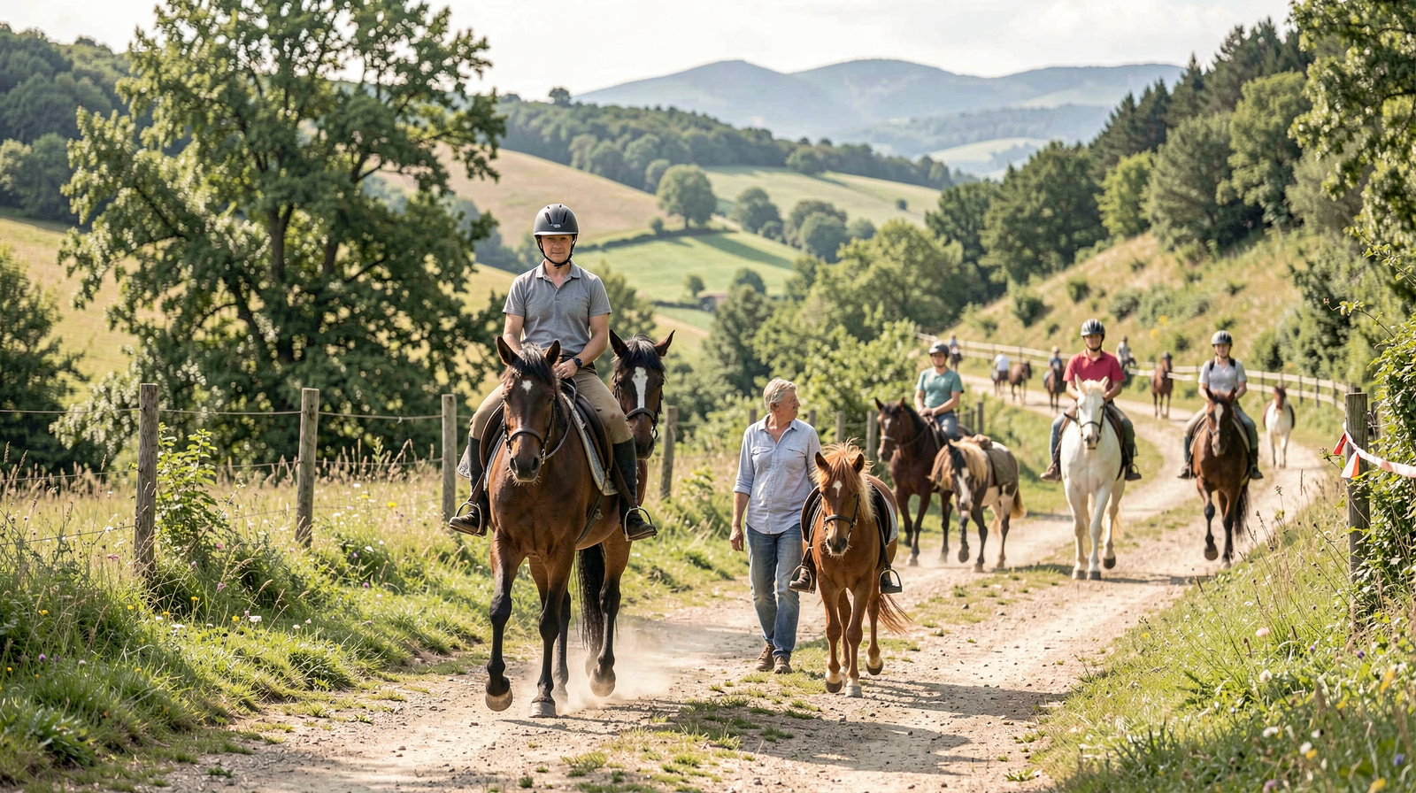 Cavaliers et accompagnants conduisant chevaux et poney le long d'un chemin de terre creux bordé d'une clôture de bois, collines boisées et lumière rasante de fin d'après-midi en arrière-plan, herbes sèches au premier plan.
