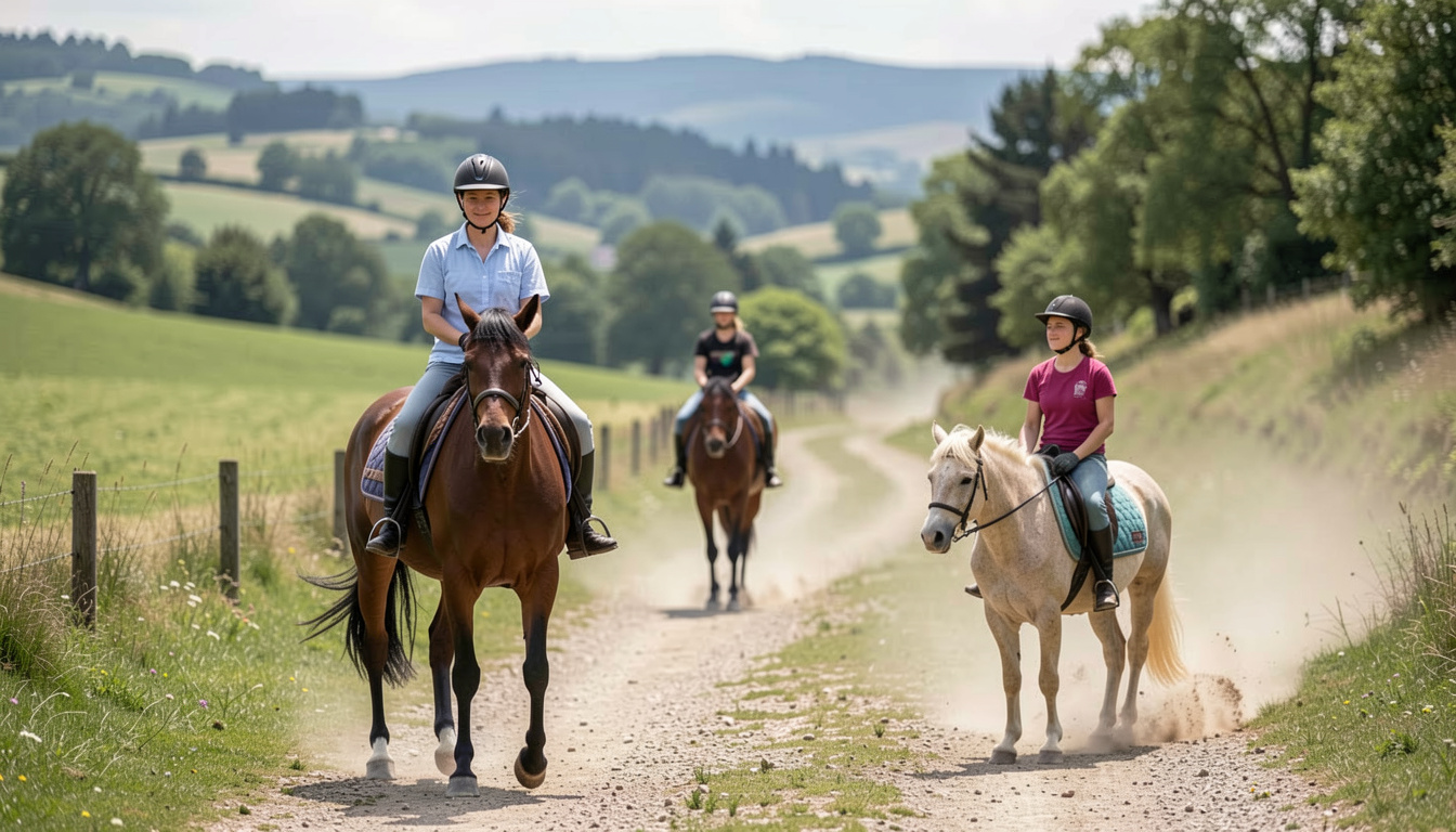 Trois cavalières au trot léger sur un chemin de terre poussiéreux entre deux prairies, montures baies et noire, collines boisées en arrière-plan, lumière de fin d'après-midi sous un ciel voilé.
