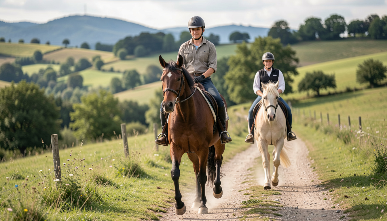 Deux cavalières au pas sur un chemin empierré en pente douce entre deux champs, murets de pierre et haies basses, collines cévenoles en arrière-plan sous un ciel clair de saison sèche.