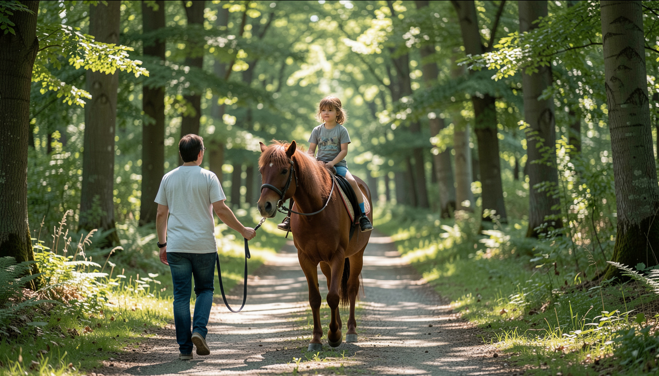 Enfant casqué en selle sur un petit cheval bai conduit en longe par un adulte marchant à côté, chemin de forêt clair sous des chênes, lumière filtrée entre les feuilles.