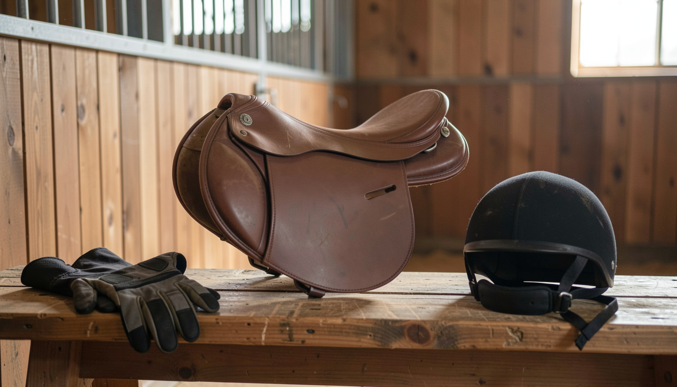 Selle de cuir brun posée sur un banc de bois dans une écurie, bombe noire et gants d'équitation posés à côté, cloisons de planches verticales en arrière-plan, lumière latérale chaude.
