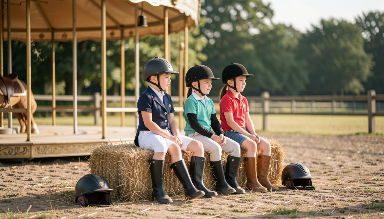 Trois enfants casqués en tenue d'équitation assis sur une botte de paille devant un manège rond ouvert, bombes posées sur le sol, pelouse et arbres d'été en arrière-plan, en pleine lumière.