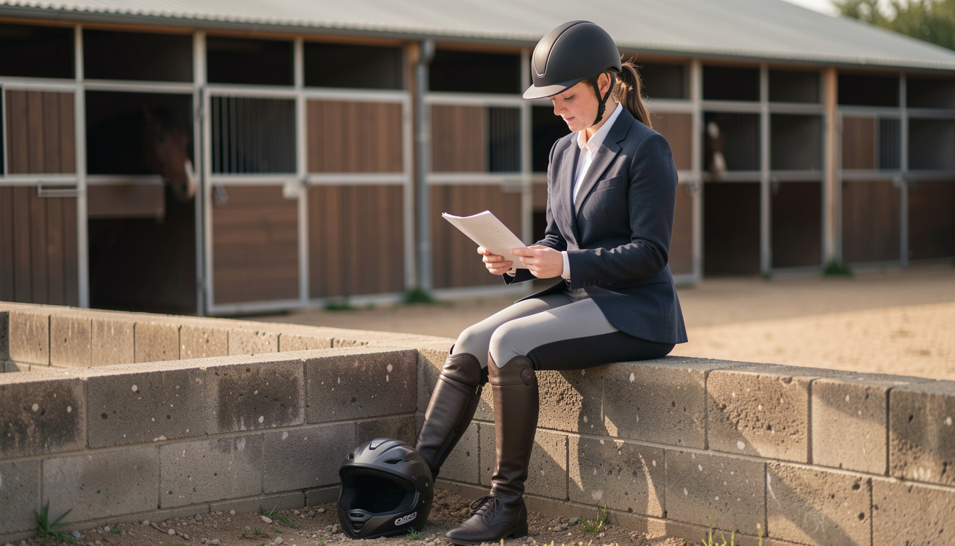 Cavalière en veste bleue assise sur un muret de parpaings en train de lire un document plié, bombe posée à ses pieds, boxes en bois et clôtures en arrière-plan, lumière douce.
