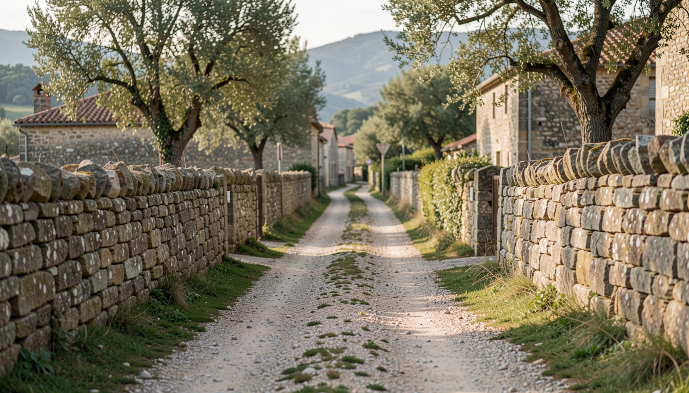 Chemin empierré montant entre deux murets de pierre sèche dans un village cévenol, oliviers et maisons anciennes de chaque côté, collines bleutées à l'horizon sous un ciel couvert de fin de journée.
