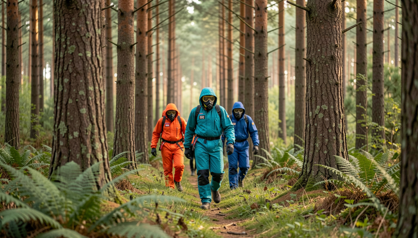 Trois joueurs de paintball en combinaisons intégrales orange, turquoise et bleue avançant entre les troncs d'une pinède, masques et protections portés, fougères vertes au premier plan, lumière diffuse sous les pins.