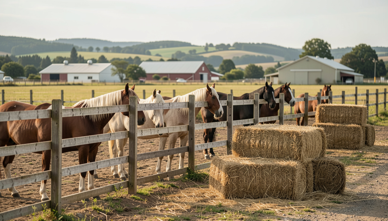 Chevaux à la clôture de bois d'un paddock herbeux, balles de foin rondes au premier plan, bâtiments de ferme et collines boisées en arrière-plan, ciel couvert et lumière douce de plaine.