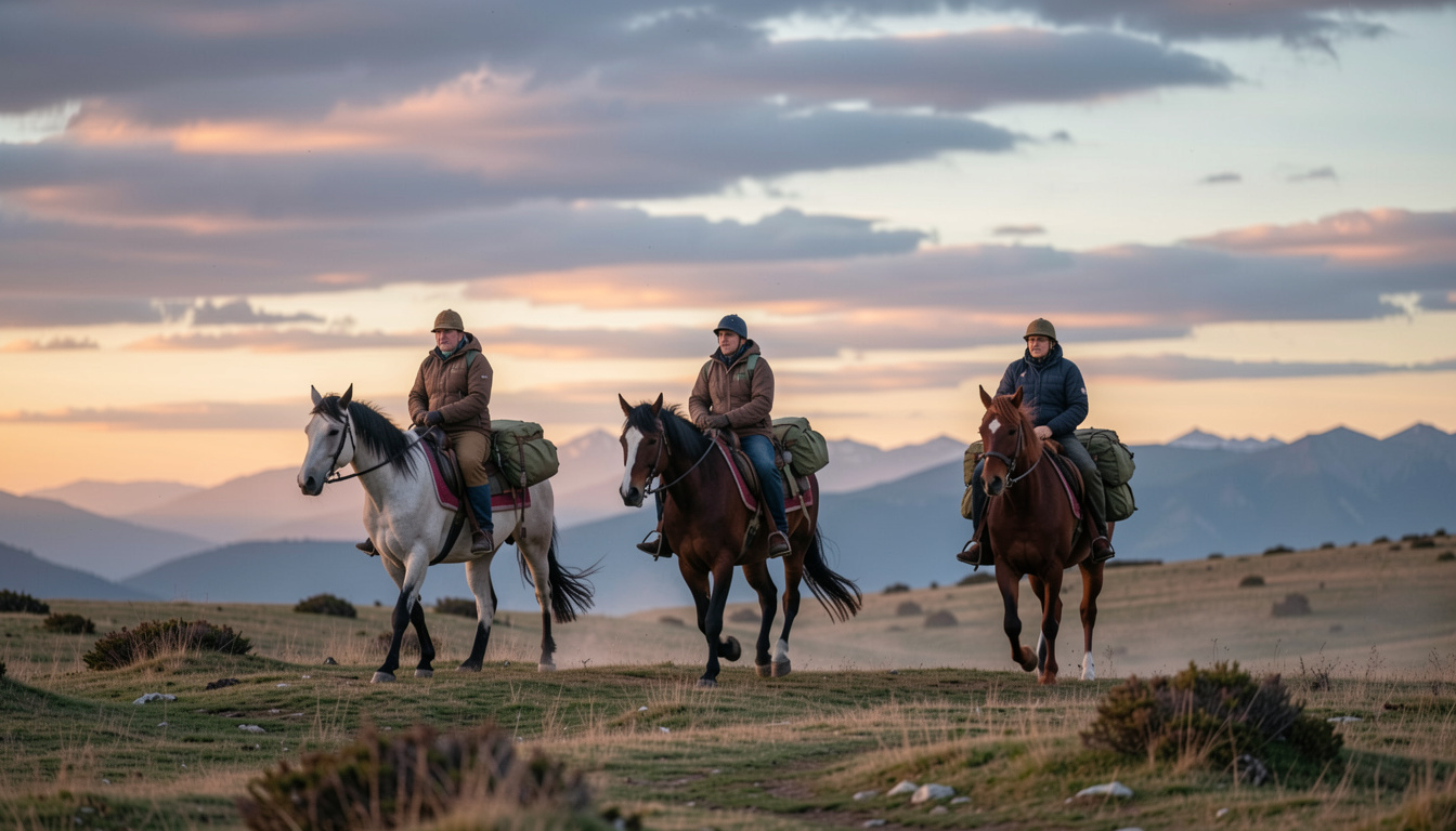 Trois cavaliers au pas sur un plateau herbeux au crépuscule, sacoches vertes fixées sur les selles, large ciel couvert et reliefs lointains à l'horizon, lumière douce de fin d'étape sur l'estive.